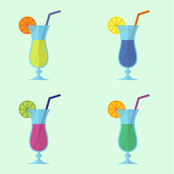 鸡尾酒图标设置在平面设计。含酒精的饮料。彩色矢量插图在平面设计。素材图片