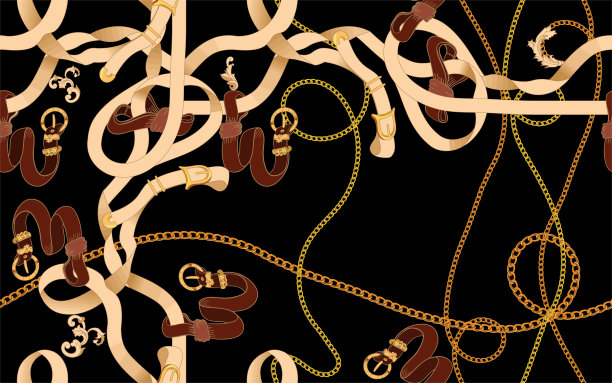 巴洛克式的装饰，还有金色的链子和皮带。矢量无缝模式围巾。黑色背景图片下载
