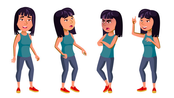 亚洲女孩小孩摆姿势集合向量。高中生。可爱,滑稽。为卡片，广告，问候设计。孤立的卡通插图图片下载