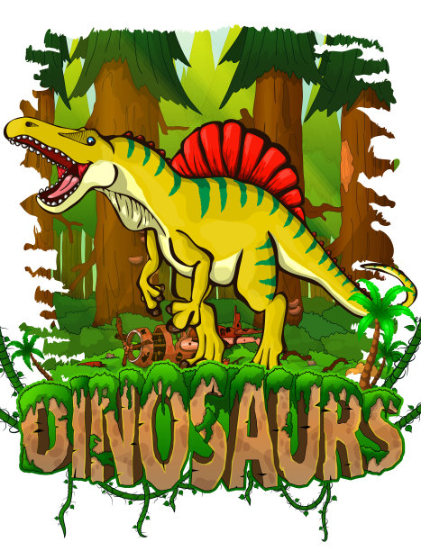 森林背景上的棘龙。向量的标志。恐龙的世界图片下载