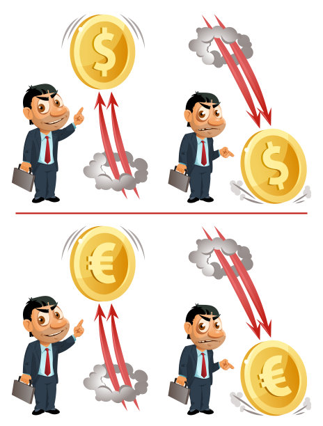 Funny сartoon businessman watches as dollar and euro soars up and falls down. Vector illustration.图片下载