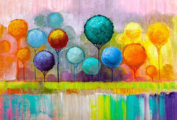 圆的树木,绘画。图片下载