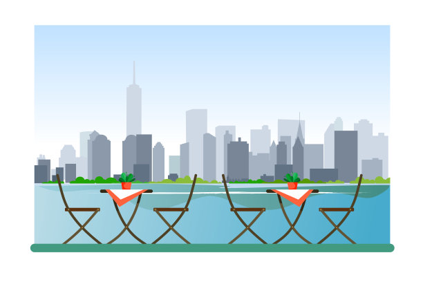 桌子和椅子的咖啡馆俯瞰城市和摩天大楼与海洋。矢量图图片下载