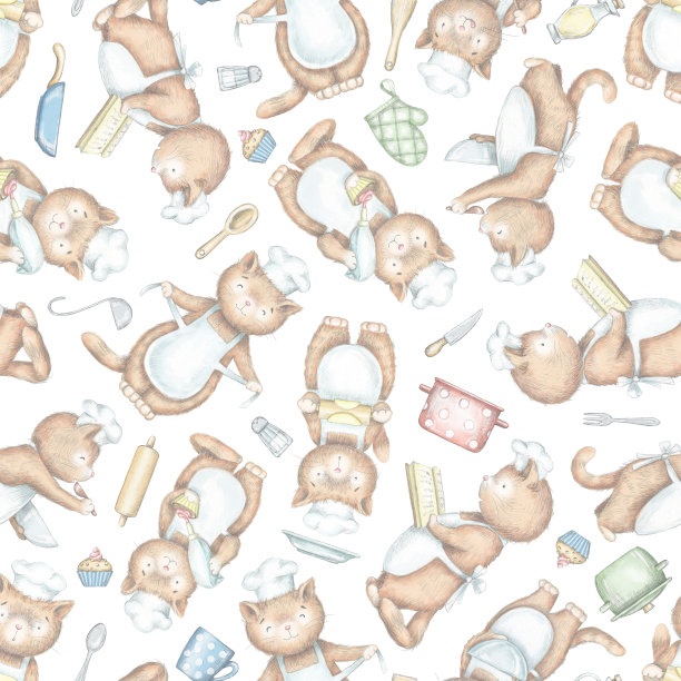 无缝模式与烹饪猫和厨房用具图片下载