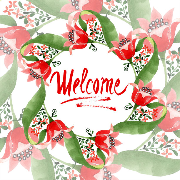 红色的植物花。水彩背景插图集。边框装饰方形。图片下载