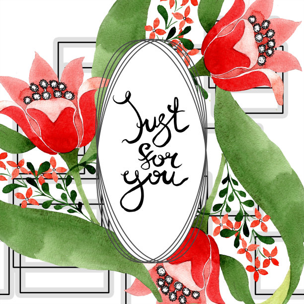 红色的植物花。水彩背景插图集。边框装饰方形。图片下载
