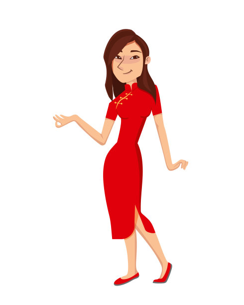 中国女孩穿着红色的传统服装，展示一些东西。孤立的矢量图图片下载