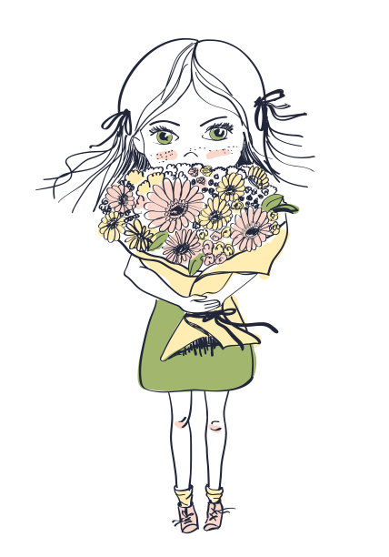 小雀斑女孩拿着一大束花，矢量插图图片下载