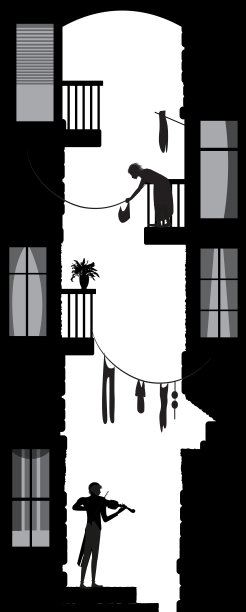 城市庭院生活视图，城市旋律或庭院小提琴之间的城市房屋:伦敦，阳台，城市怀旧，黑白记忆，图片下载