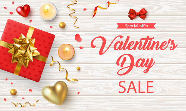 情人节促销木质海报，礼品，3d心形和五彩纸屑。图片下载