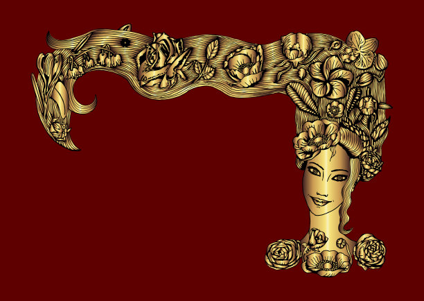 金属金色的女人的脸与夏季植物的头发，在栗色的背景。图片下载