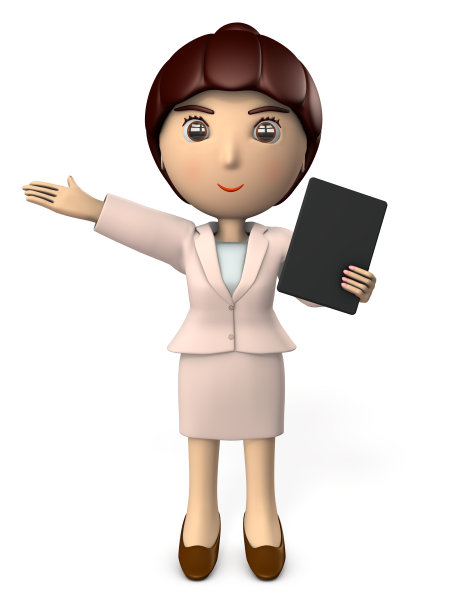 一位年轻的女士正在用平板电脑做演讲。三维演示图片下载