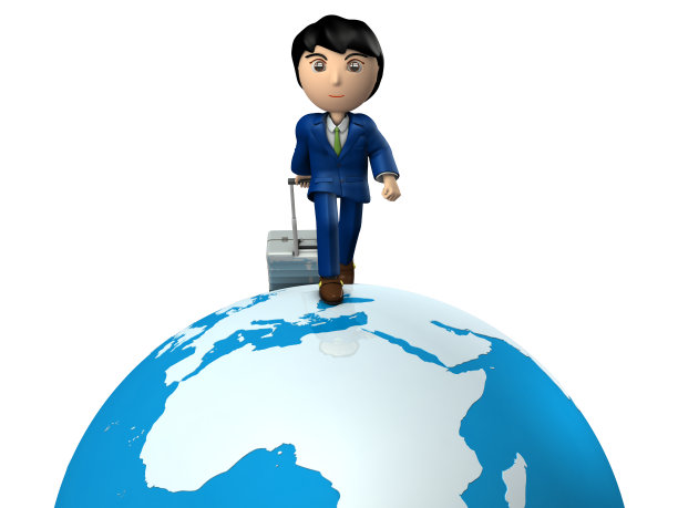 一个年轻的商人拖着旅行箱周游世界。伟大的世界。非洲和欧洲。白色背景。图片下载