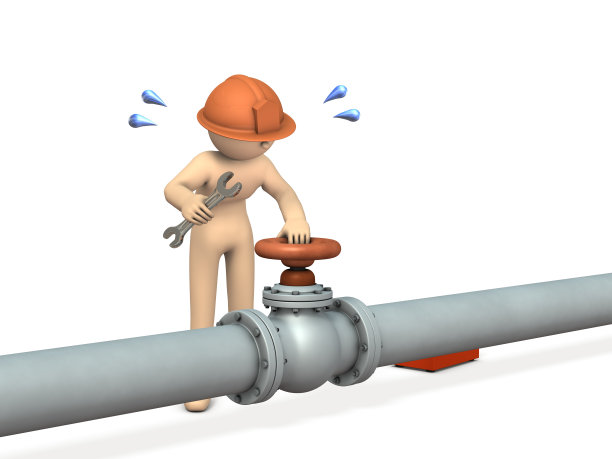 一个很粗的管道和一个在阀门前修理的工程师。他努力工作。白色背景。3 d演示。图片下载