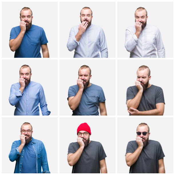 这是一幅来自孤立背景的年轻人的拼贴画，看上去紧张而紧张，双手放在嘴里咬指甲。焦虑的问题。图片下载