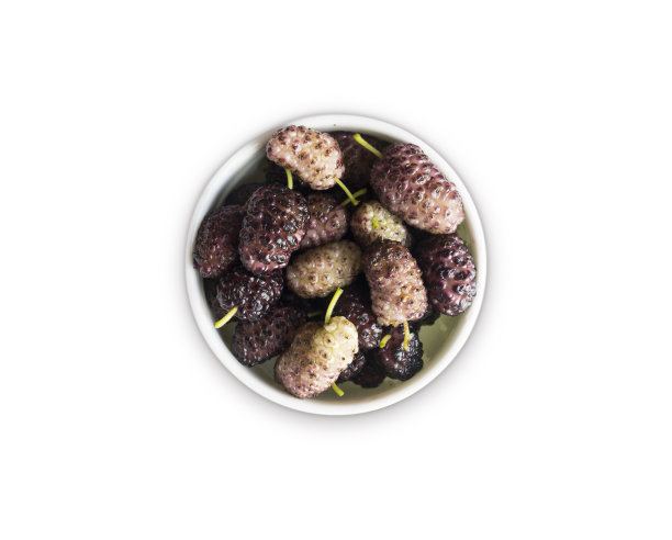 桑葚在碗与复制空间的文本。黑色和紫色的桑树在白色的背景。成熟和美味的桑椹孤立在白色的背景。前视图。图片下载