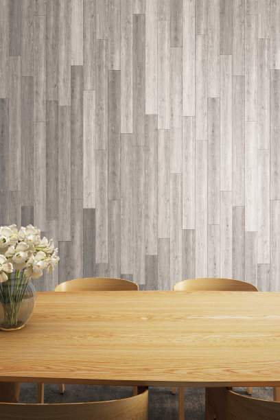木制餐桌以花瓶和灰色的木制背景装饰。3 d插画家图片下载