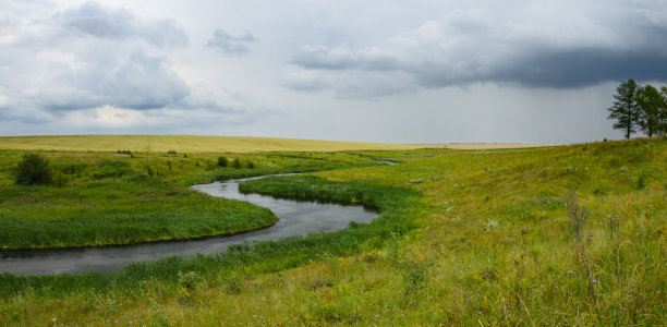 多云多风的夏季全景景观与小河弯曲。图片下载