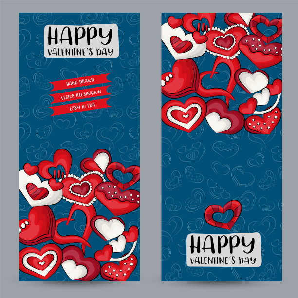 Valentineâs day vertical banner set. Cute poster for invitation, advertisement, web page. Hand drawn doodle cartoon style love and hearts design concept. Vector illustration.图片下载