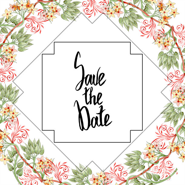 黄色点缀花卉植物花。水彩背景插图集。边框装饰方形。图片下载