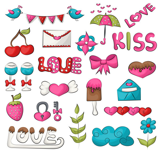情人节图标和元素：手绘涂鸦爱心设计概念矢量插画图片下载