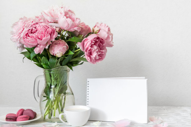 一束粉红色的牡丹花，一张空白的贺卡，一杯卡布奇诺和杏仁饼干。模拟了图片下载