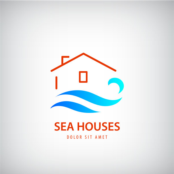 带蓝色波浪的矢量屋。海附近的房租。假期,海滩的迹象。图片下载