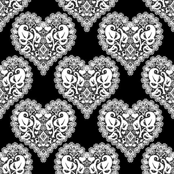 无缝白色蕾丝心形复古蕾丝模式黑色背景图片下载