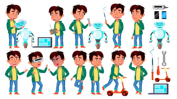 亚洲男孩男孩姿态集向量。建立机器人助手。小学的孩子。介绍，邀请，卡片设计。孤立的卡通插图图片下载