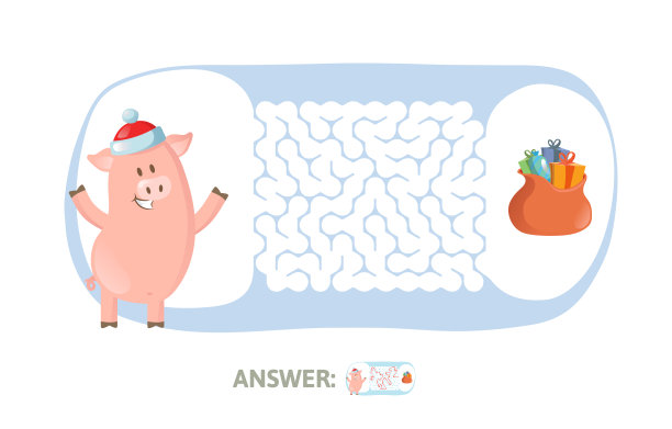 冬天迷宫游戏。迷宫与有趣的小猪性格和答案。平面向量插图。孤立在白色背景上。图片下载