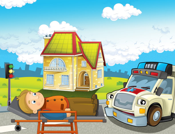 城市卡通场景：救护车和受伤男子图片下载