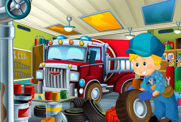 卡通场景与车库技工工作修理一些车辆-消防队员的汽车-或清洁工作场所图片下载