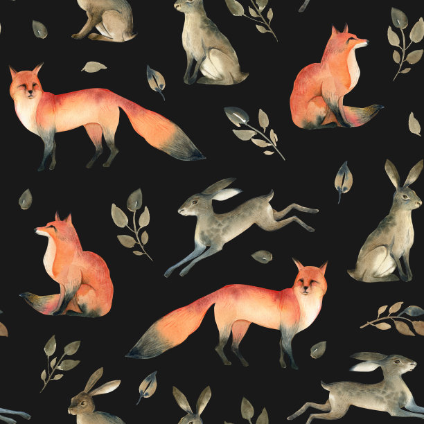 水彩画的野生狐狸，野兔和树叶在黑暗的背景。逼真的森林动物素描。许多森林动物的谢默斯模式图片下载
