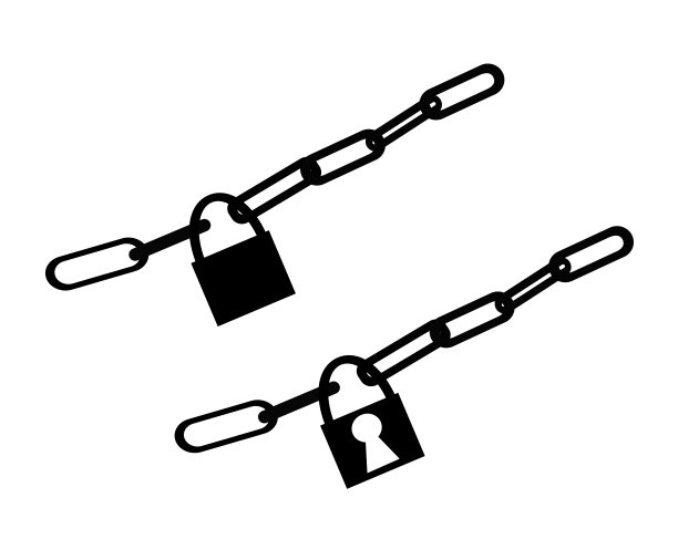 一套两个插图或向量的链条与一个挂锁隔离在一个白色的背景。图标在黑色。图片下载
