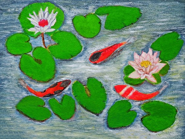 荷花、睡莲和锦鲤画图片下载