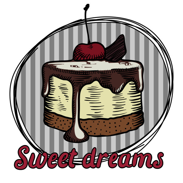 蛋糕浇上巧克力奶油，装饰上樱桃。铭文甜蜜的梦想。徒手画。图片下载