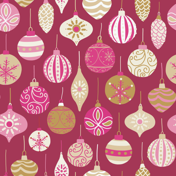 圣诞复古饰品粉色、金色、米黄色无缝矢量图案背景。图片下载