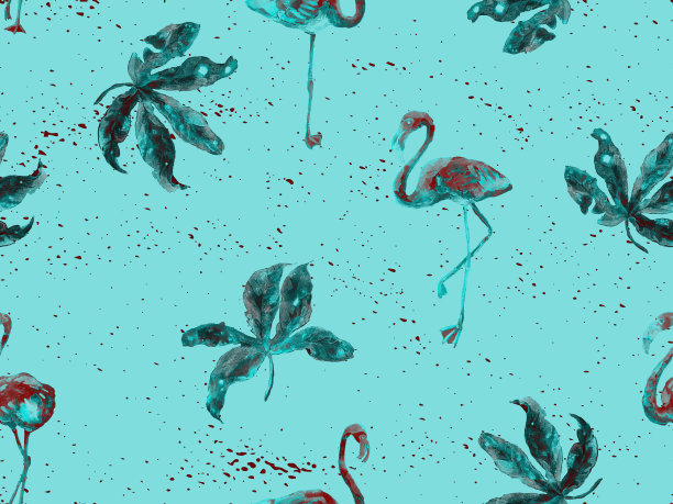 大型火烈鸟蓝色夏威夷无缝图案。图片下载
