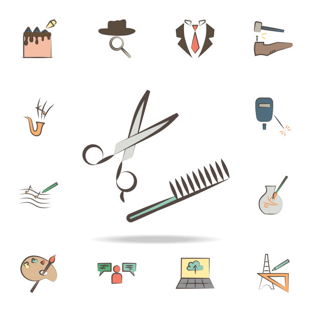 美发师工具图标。详细的一套工具的各种职业图标。高级图形设计。收藏图标之一的网站，网页设计，移动应用程序图片下载