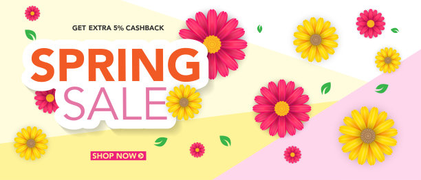 春季销售横幅模板与美丽的彩色花朵在粉红色的背景，为购物销售。旗帜设计。海报，卡片，网页横幅。矢量图图片下载