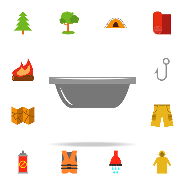 汤盘彩色插图图标。露营图标普遍设置为网络和移动图片下载