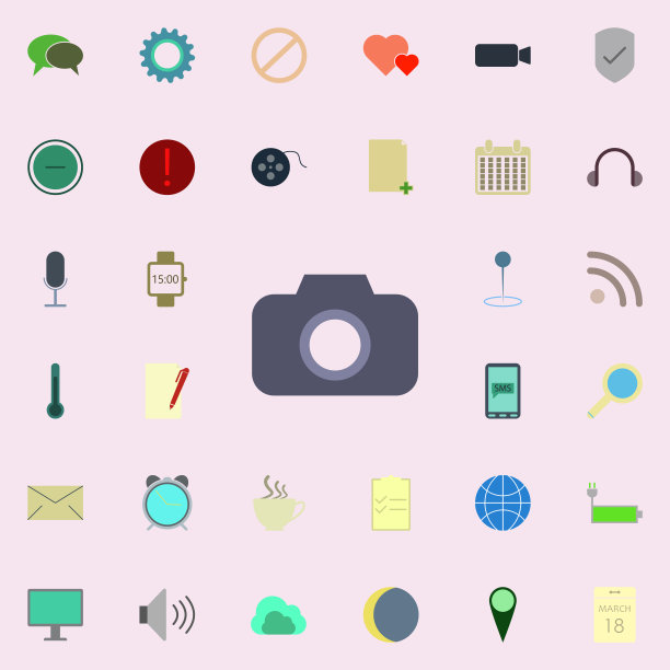 相机图标。彩色网页图标通用设置为网页和移动图片下载