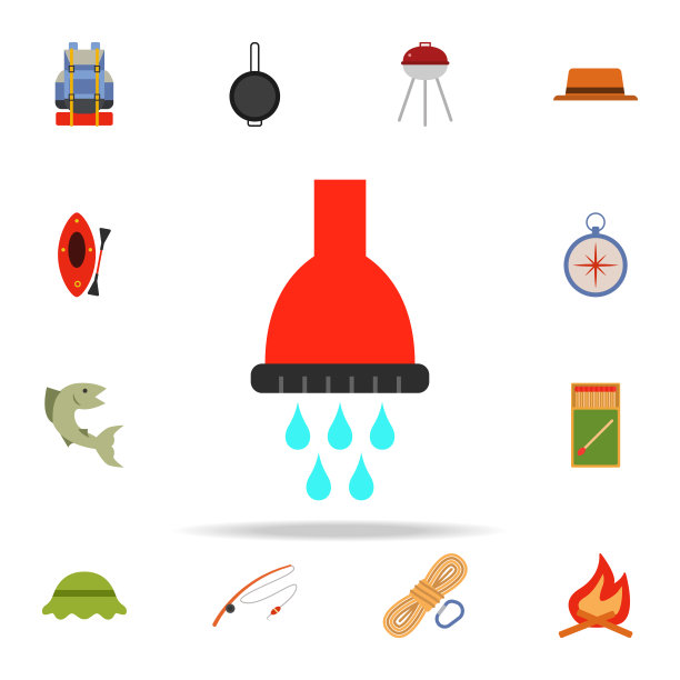 营地淋浴彩色插图图标。露营图标普遍设置为网络和移动图片下载