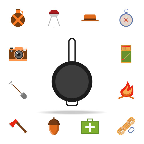 煎锅彩色插图图标。露营图标普遍设置为网络和移动图片下载