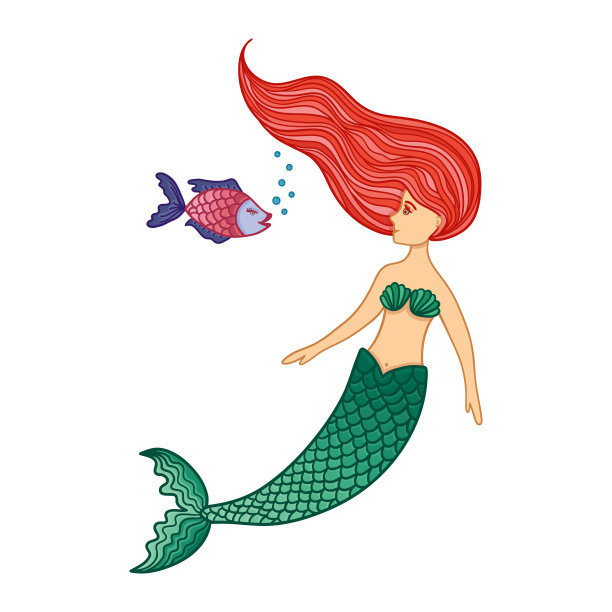 手画可爱的小美人鱼和鱼。图片下载