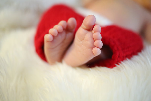 新生儿圣诞假期照片:一个穿着圣诞老人服装的婴儿的脚和脚趾在白色的毛皮披肩上图片下载