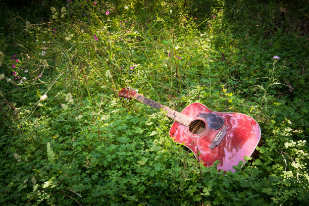 原声吉他的特写躺在草地和草地上，复古风格与复制空间图片下载