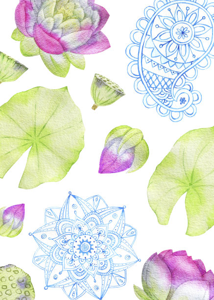 手绘水彩图案组成的花和叶荷花图片下载