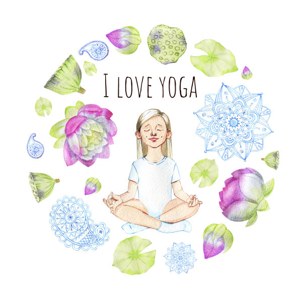 手绘水彩快乐女孩做儿童瑜伽图片下载