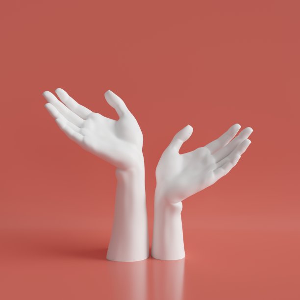 3d渲染，白色女性双手孤立在珊瑚红色的简约时尚背景下，珠宝店展示，优雅的人体模型身体部位，手牵手，展示，展示图片下载
